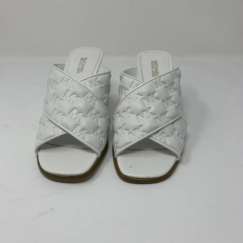 Michael Kors Gideon Mule Sandals Women's 5 M White EMB Faux Leather Heeled S0593